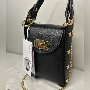 NEW! NWT ANNA PAOLA Rockstud Italian Leather Crossbody Bag in Black